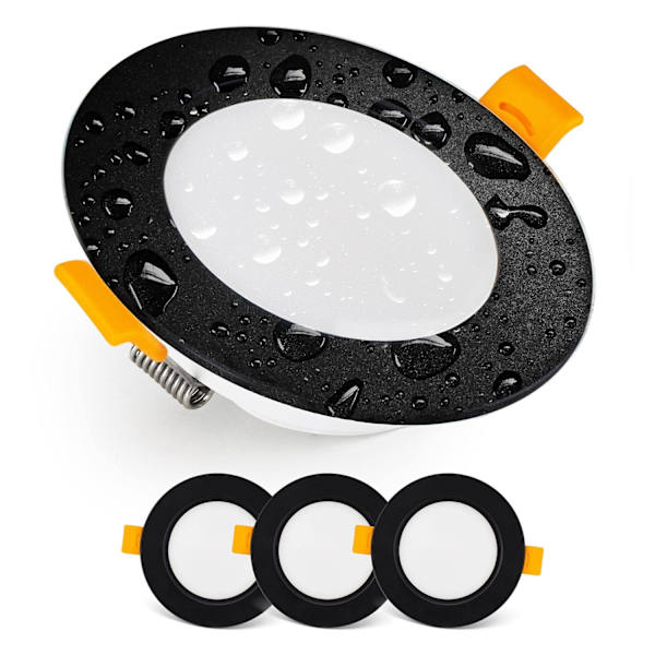 Indbygget LED Spotlight Downlight IP54 varm hvid 3000K | Sæt med 3 Ekstra Flade Runde LED Spotlights 7 Watt (7W) / 700 Lumen, Sort