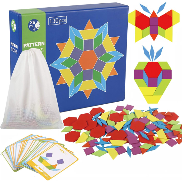 130 kpl puisia set, Tangram geometriset muodot Graafiset opettavaiset Montessori - lelut Lahja lapsille 24 kpl suunnittelukorteilla