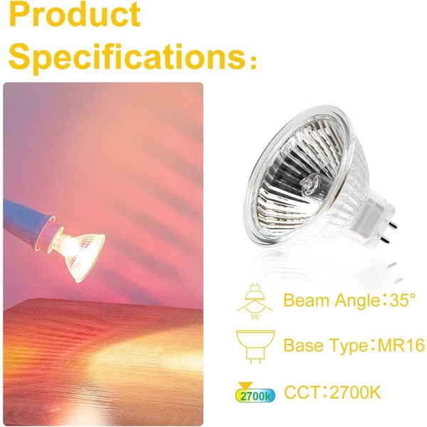 MR16 spotlyspære, 12V 35W lyspære, Gu5.3 lyspære Dimbar MR16 lyspære, varmhvit 2700K, pakke med 12 (MR16-35W-12P)