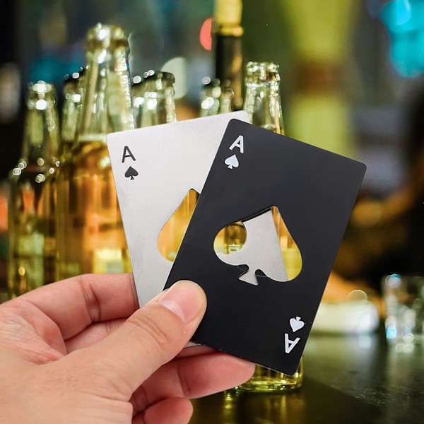 10 st Flasköppnare, Rostfria Ölflaskor Burk öppnare, Poker Ess Kort Vattenflasköppnare, Plånboksflasköppnare - Silver & Svart