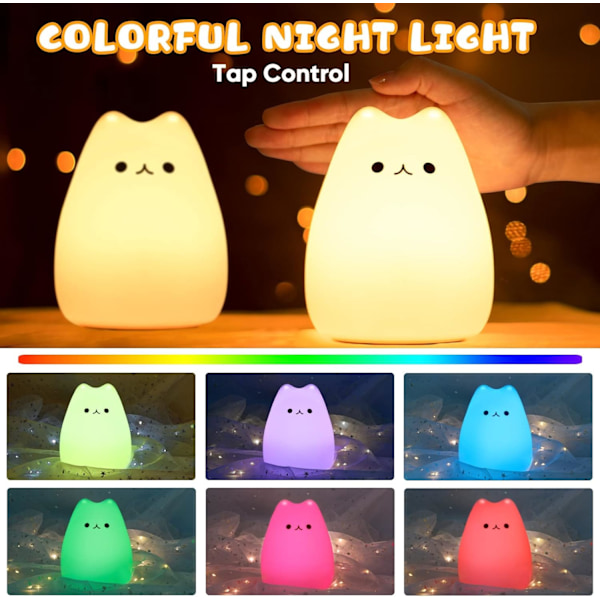 Natlampe til børn/baby, 7 farver Kawaii kat, genopladelig LED-natlampe, timerfunktion silikone sengelampe, berøringsfølsom gave til piger