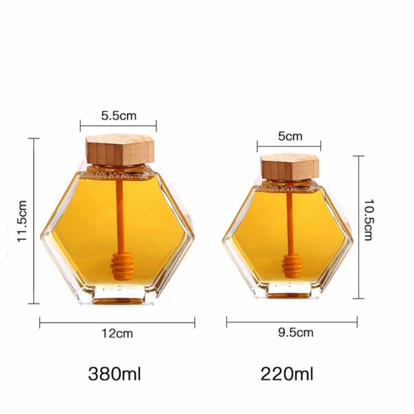 1 stk 380 ml honningkrukke Klart tykt glass sekskantformet honningkrukkebeholder med tredipper og korklokk Dispenser Matoppbevaringsbeholder