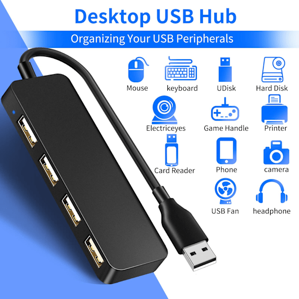 USB Hub, 4-Port USB Hub Ultra Slim Bærbar USB Splitter til iMac Pro, MacBook Air, Mac Mini/Pro, Surface Pro, Notebook (usb 2.0hub)
