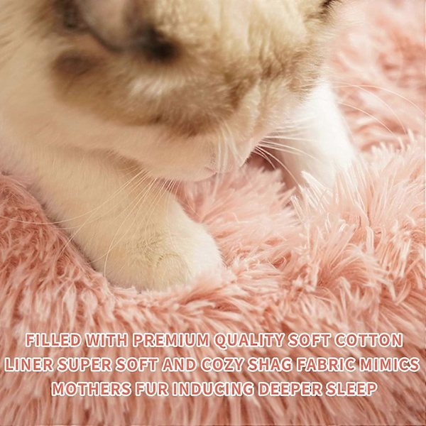 Rund Fluffy Hundekatteseng Kattesenge, FluffyDonut Hundebed Anti Stress Plysj Komfortabel Vaskbar til Hund Kat Lille Mellem Stor Pink