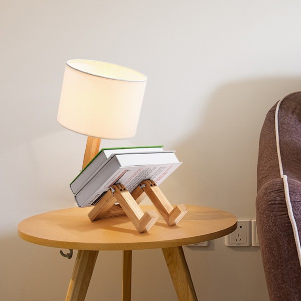 Robot sänglampa (utan glödlampa), lampskärm i tyg med hopfällbar lampfot i massivt trä, kreativ skrivbordslampa för sovrum och vardagsrum