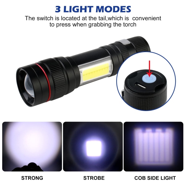 Superkraftig LED-lommelygte - 2 stk. T6 2000 lumen genopladelig lommelygte, IPX5 vandtæt taktisk lommelygte, 3-tilstands USB-lommelygte med plastiketui