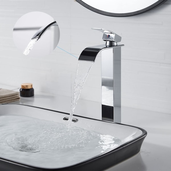 Moderne høj vandfalds håndvask armatur, elegant design badeværelse armatur, høj enkelt håndtag messing håndvask blandingsbatteri, varmt og koldt vand tilgængelig