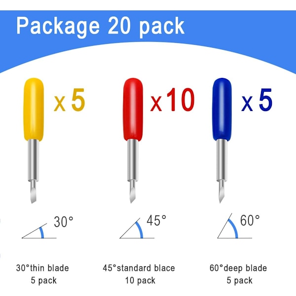 20 STK 3. Parts Tilbehørsknive til Cricut, Explore Air 2, Expression, 10 stk. 45°, 5 stk. 30°, 5 stk. 60° (20-pak)