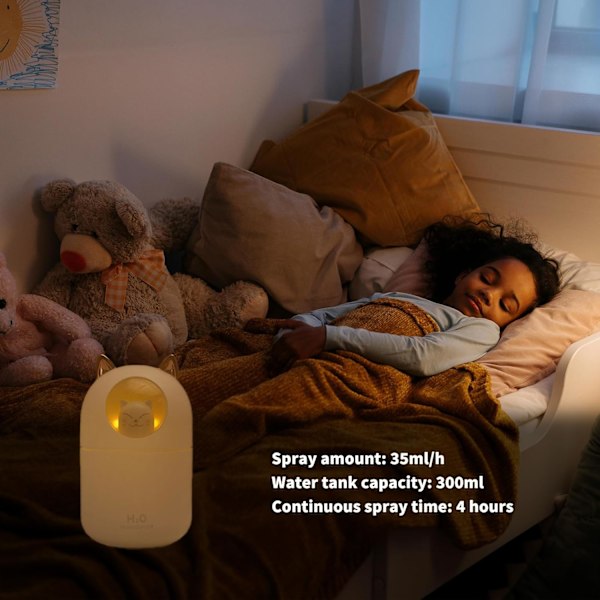 Luftfugter, Luftfugter, 300 ml Sød Kat Luftfugter, Mini USB Cool Mist Luftfugter med 2 Spraytilstande og Natlys