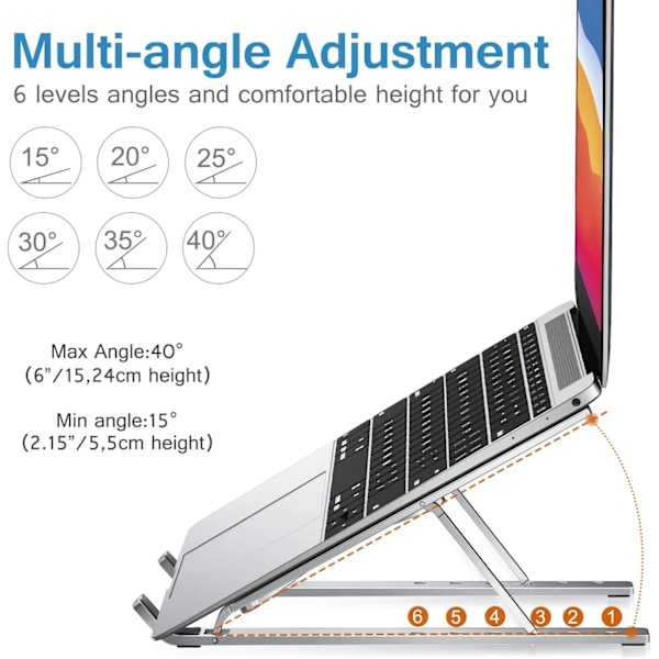 Laptop Stand, Tablet Stand, 6 Vinkel Justerbar Aluminium Ergonomisk Foldbar Bærbar Bordstander.