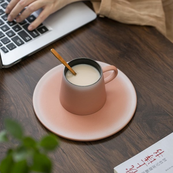 Kaffekoppset med matchande fat och gyllene sked, kaffemugg för dagligt bruk och kontor 2dl (Rosa)