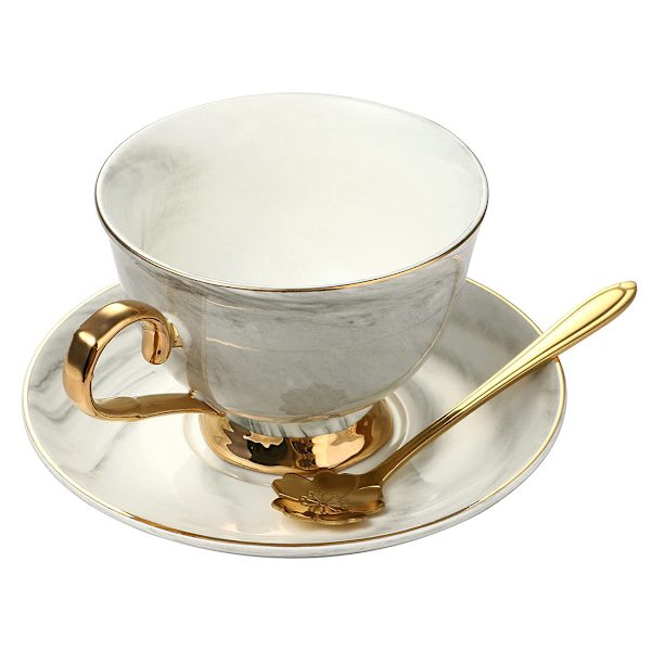 Marmor Keramik Kop og Underkop Sæt Kamelia Mønstret Ben Kina Kaffe Kop Te Kop Guld Trim med Kaffe Kop, Underkop og Ske, 200ml, Grå Gray