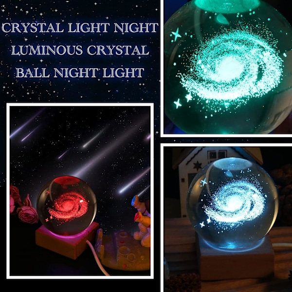 3D Linnunrata-galaksin kristallikuula-lamppu, 6 cm:n kristallikuula yövalo puupohjaisella jalustalla, 7 väriä vaihtuva valo LED-jalustalla Milky Way