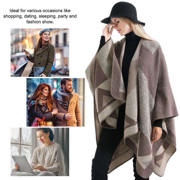 Vintersjal omslag Poncho Cape - Dam varm öppen front printed Vändbar överdimensionerad filt Cardigan Höst Ull Spinning Pläd tröja Fleece Scarf