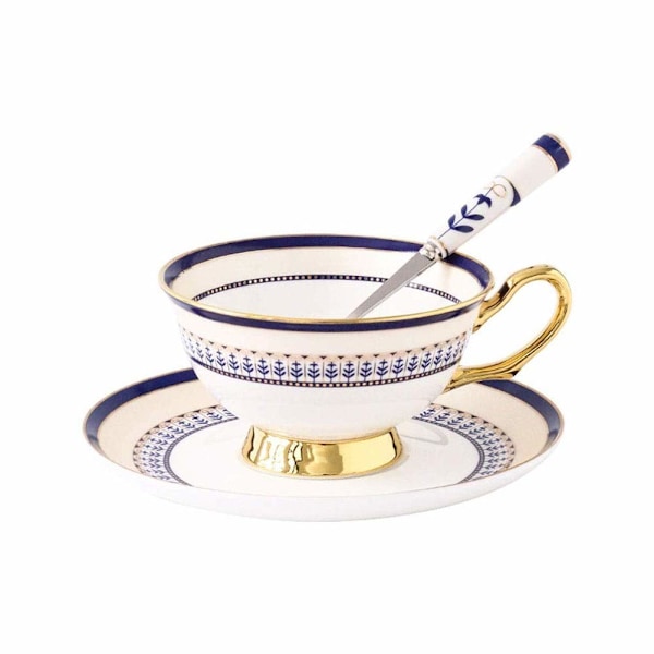 Udsøgt Kongeblå Tekop og Underkop Sæt med Ske - 7.0Oz/200Ml, Phnom Penh Design, Porcelæn, Bedste Gave til Venner