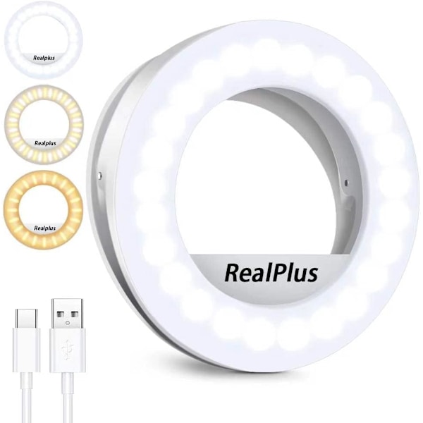 Selfie Ring Light, Clip-on Ring Light [Oppladbar] med 3 Farger og 40 LED, Dimbar Selfie Lys for Telefon, Nettbrett, Laptop, Zoom Møte