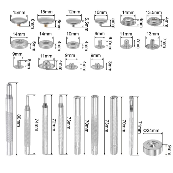40 sett trykkfestesett 4 typer kobbertrykkknapper Verktøy med 9 setterverktøy og oppbevaringsboks for klær i skinnsøm, sølvfarge Silver