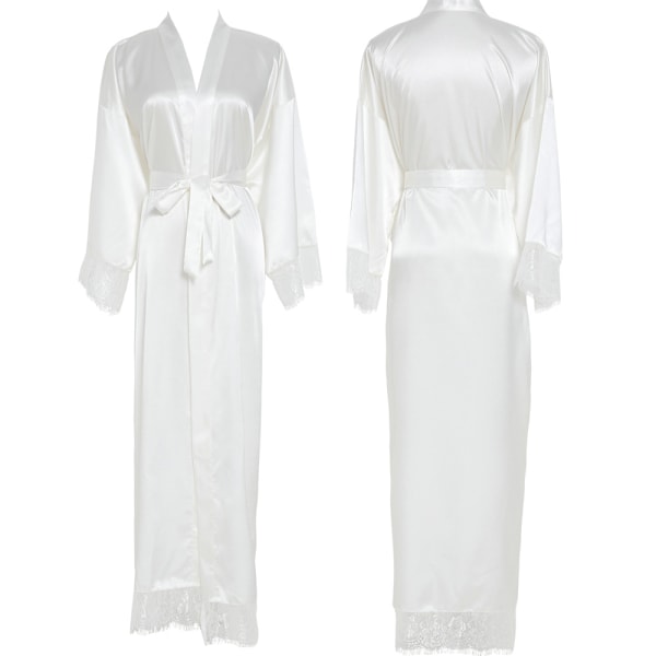 Lang Badekåbe Kort Badekåbe Ensfarvet Badekåbe Ærmer Silke Satin Kimono Kjole Kvinder Sommer Badekåbe Ren Farve Nattøj White