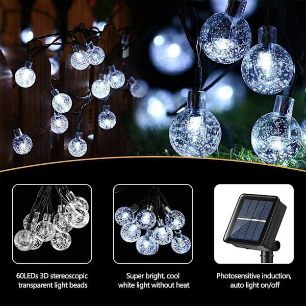 Solcellehavelys, 11 meter 60 LED Solcelledrevet Lysstreng Vandafvisende, Solcelledrevet Krystal Kugle Dekorative Lys til Have, Festival, Fester, Hvid White