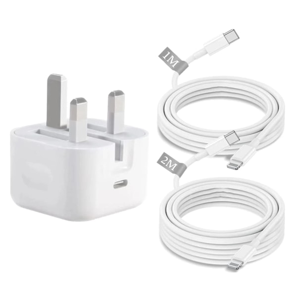 iPhone PD Hurtigoplader, 20W USB C Væg iPhone Opladerstik med 1M+2M (2 Pak) Hurtig Opladerkabel til iPhone 14/13/12/11 Serie/XR/XS/X/8/pad