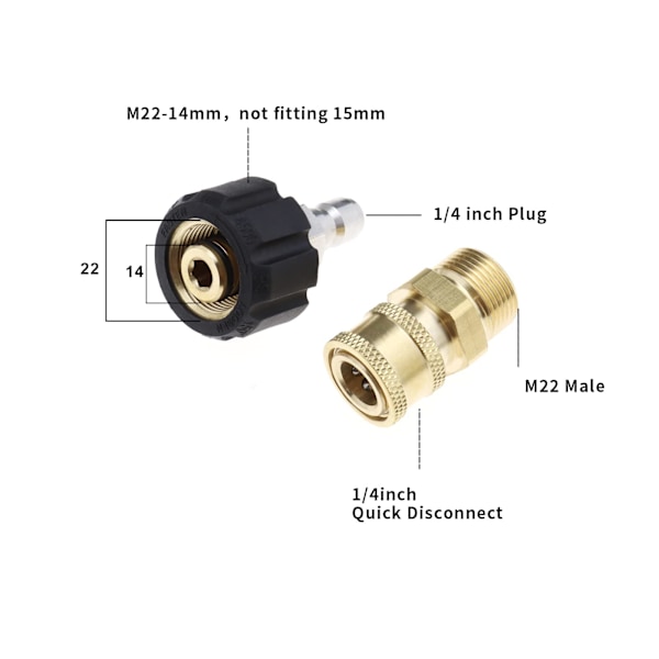 2 stk. høytrykksspyler slangeadaptere M22 14mm hunngjenge til 1/4\" hann hurtigkobling