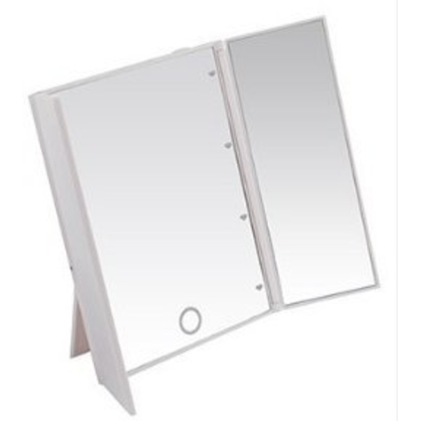Tri-Fold Sminke Speil Reise Kompakt Lomme Sminke Speil med 8 LED Lys Batteri Inkludert - Hvit white