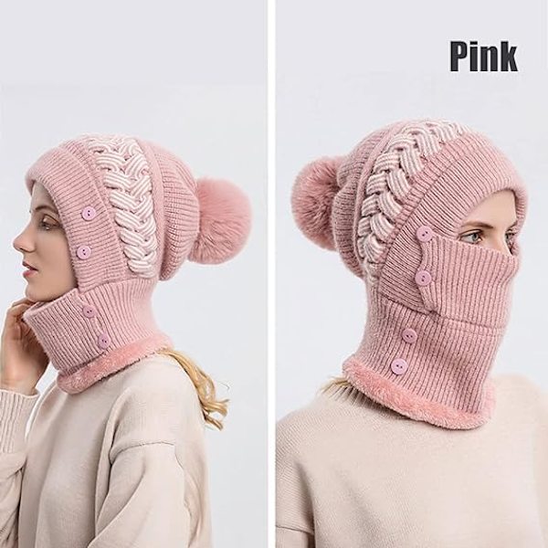 Hattu- ja huivisetti, Talvihattusetti, Naisten huivi- ja hattusetti, Naisten huivi, Hattu- ja maskisetti, Joululahja Pink
