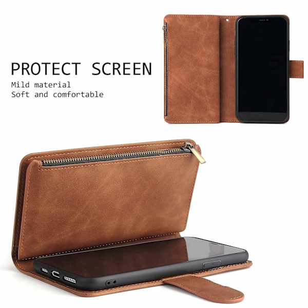 Plånboksfodral för iPhone 11, Handväska med dragkedja, Fodral med Ställ, Kortfack med Handledsrem, TPU Stötsäkert Flipskydd för iPhone 11 - Brun