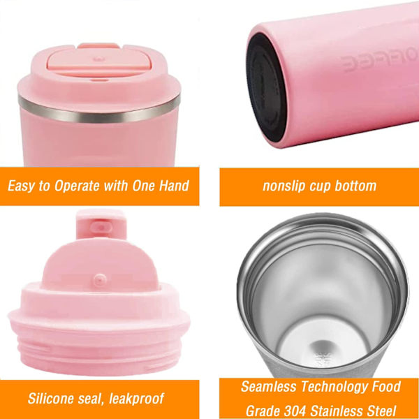 Resemugg, Isolerad Kaffekopp med Läcksäker Lock - Återanvändbara Kaffekoppar Resa - Bilkaffekopp - Rostfritt Stål Termosmugg, 380ml (Rosa) pink