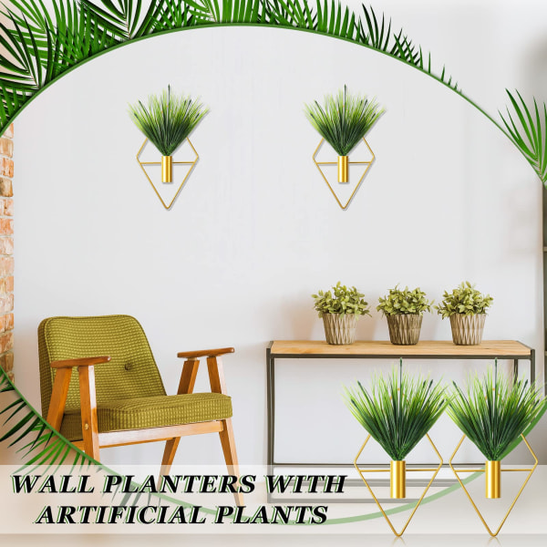 Stykker metal hængende plantekasser Geometrisk vægvase med kunstig plante Moderne hængende planteholder til dekoration (guld, vandplante)