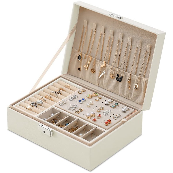 Smykkeskrin, dobbeltlags PU læder opbevaringsboks til kvinder til ringe, øreringe, armbånd, halskæder, smykkeorganisator gaveæske (Mors dags gave) White