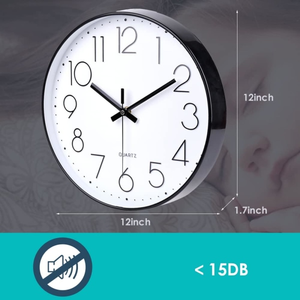 Icke-tickande analog väggklocka, 30 cm rund väggklocka, dekoration för vardagsrum, sovrum, kontor (svart)