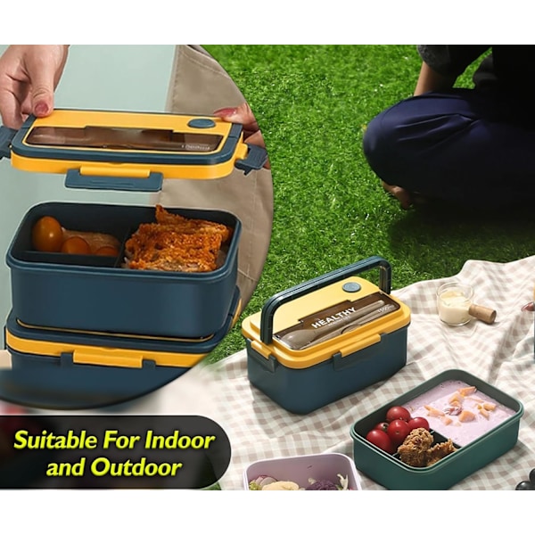 1500 ml japansk stil Bento lunchlåda läckagesäker, 3-i-1 fack, återanvändbar Bento lunchlåda måltidsförberedelsebehållare (blå) Navy
