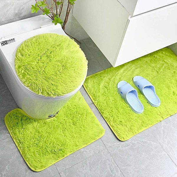 Mjuk Plysch Enfärgad Badrumsmatta Set 3 Delar Halkfri Absorberande Badrumsmatta, U-formad Konturmatta och Tvättbart Toalettlockskydd (Grön)