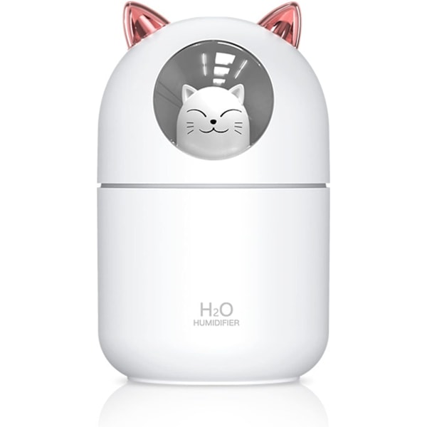 Ilmankostutin, 300 ml Söpö Kissa Ilmankostutin, Mini USB Viileä Sumu Ilmankostutin 2 Suihkutustilalla ja Yövalolla