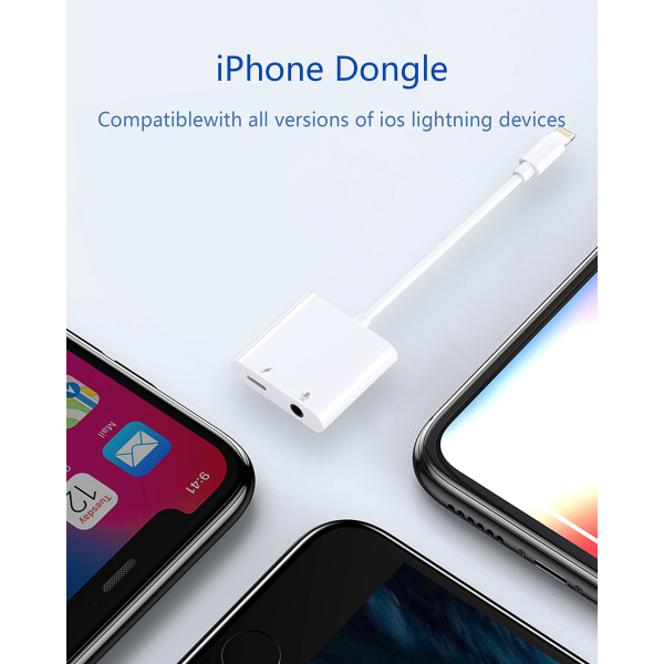 [2 i 1] Hovedtelefonadapter til iPhone11，Apple Lightning til 3,5 mm Jack Aux Audio Dongle Hovedtelefon Biltilbehør Kompatibel Audio-øretelefonadapter