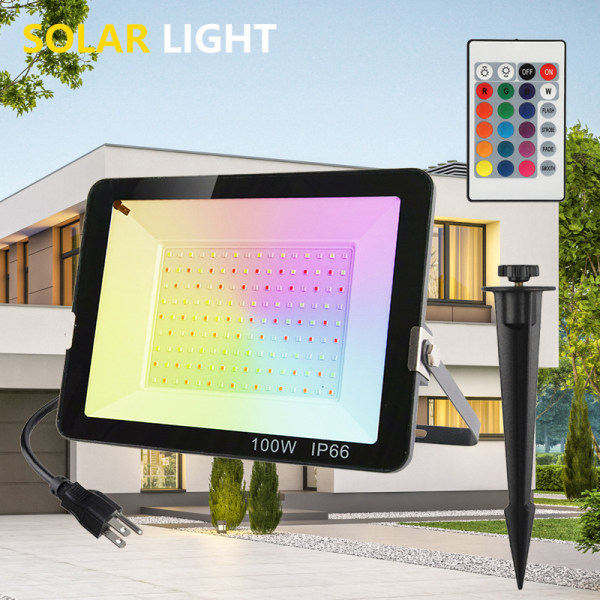 100W utomhus RGB LED-projektor, RGB-färg LED-projektor Trädgårdsfärg LED-spotlight med fjärrkontroll 16 färger 4 lägen Vattentät IP65