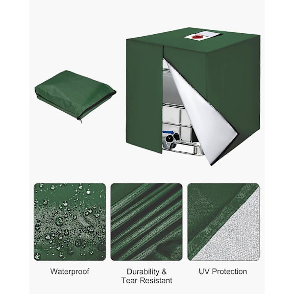 1000L IBC-säiliön suojus, 420D vesisäiliön suojus, UV-suojattu säiliön suojus, IBC-säiliön suojus vetoketjulla, 120 x 100 x 116 cm (vihreä) Green