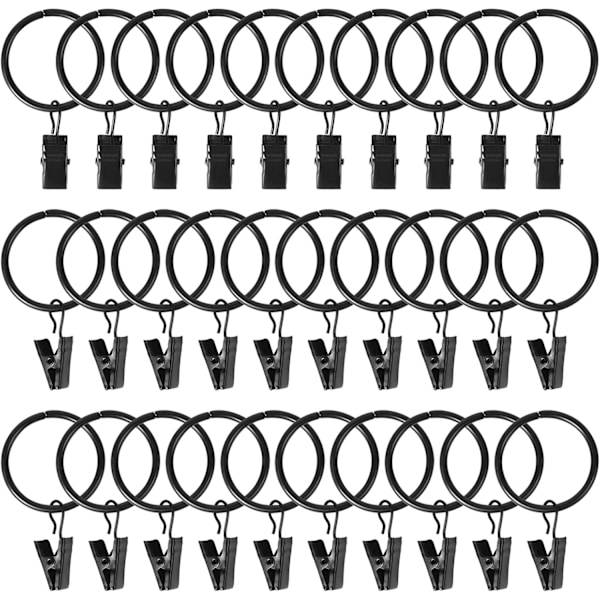 Curtain Rings with Clips, 30 Pcs 32mm Drapery Rings Clips Black, Curtain Ring Hangers Metal Rust Proof for Curtains and Rods