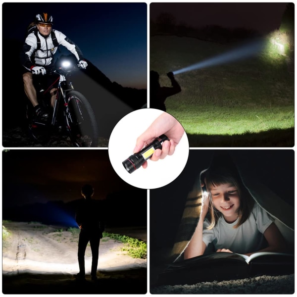 Oppladbar LED-lykt, 3 moduser og zoombar lommelykt, bærbar COB taktisk lampe for barn Gave/camping/vandring/strømbrudd