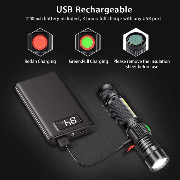 Genopladelig lommelygte, batteri inkluderet, magnetisk LED-lommelygte med COB-sidelys, vandtæt, zoombar, 4 tilstande Bedste lommelygte