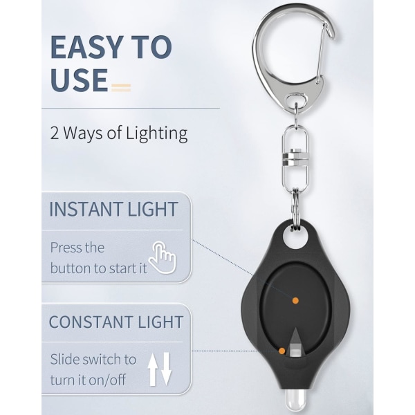 Mini-avaimenperä LED-taskulamppu 12 lumenin kannettava ultrakirkas akkukäyttöinen musta taskulamppu jousikarabiinilla (paristot mukana), 5 kpl pakkaus