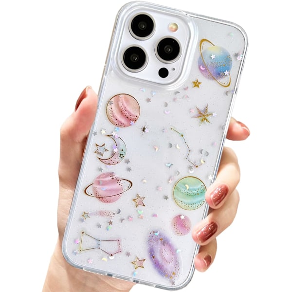iPhone 13 Pro Max Glitter Skal Transparent Stjärna Planet Universum Mönster Sött Silikonskyddsfodral (Planet) 13
