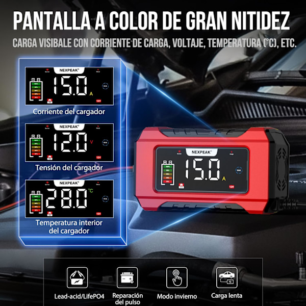 12V 24V LiFePO4 Bærbar Bilbatterioplader 9-Trins Smart Batterioplader til Bil, Lastbil, Motorcykel, Plæneklipper, Båd, Marine