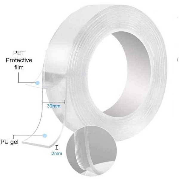 2MM tjock*1 meter lång*30MM bred dubbelsidig tejp Nano transparent tungt fäste tvättbar stark klibbig