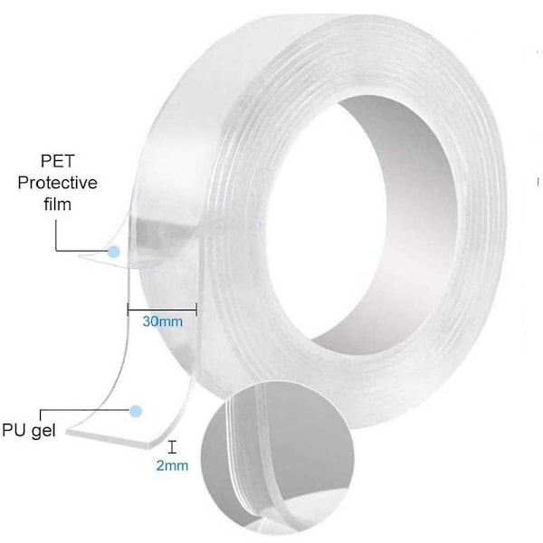 2MM tykt*1 meter langt*30MM bredt dobbeltklæbende tape Nano Transparent Heavy Duty klæbemiddel Vaskbart stærkt klæbende