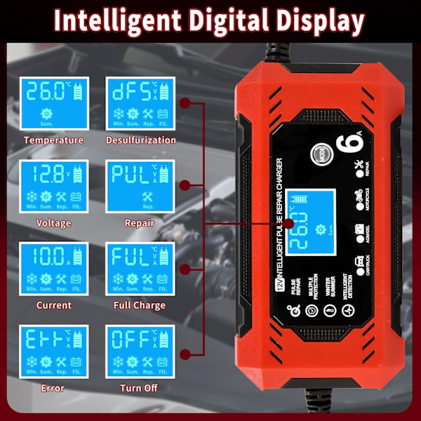 Bil- och motorcykelbatteriladdare, 12V 6A Smart batteriladdare med LCD-display, bilbatteriladdare för bilar, motorcyklar, lastbilar, gel, SLA