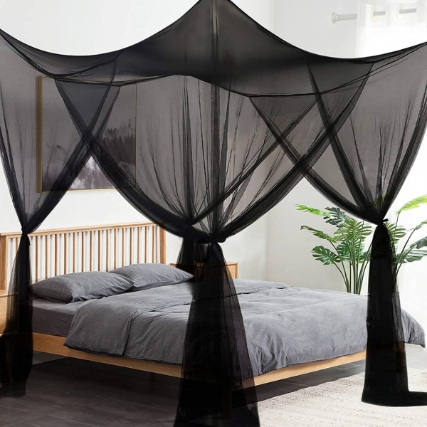Myggestop, King Size Firehjørne-Gardiner Seng Himlen til Enkelt til Passer Alle Senge, Camping, Sort black