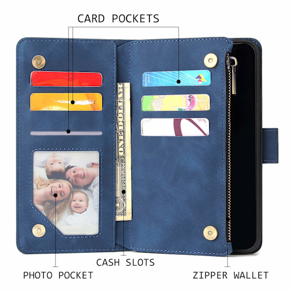 Wallet Case til iPhone 11, Håndtaske med Lynlåslomme, Støttefod, Kortholder Slots med Håndledsrem TPU Stødsikkert Flip Cover til iPhone 11 - Blå
