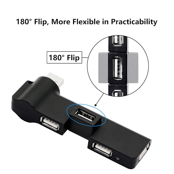 180° Rotation USB Extender Hub, 4 Port USB Hub Strömadapter för PC, Laptop, Tangentbord, Mus, Hårddiskar och Andra USB 2.0 Adaptrar (Svart)